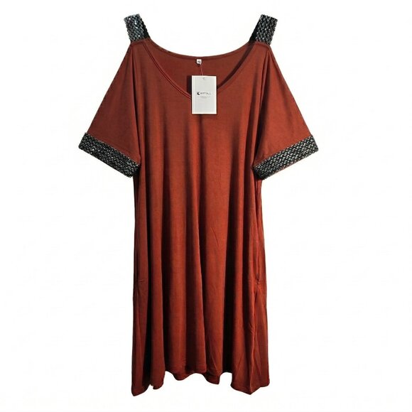 Kipfall Dresses & Skirts - NWT | Kipfall | Burnt Orange Sequin Trim Cold Shoulder Open Arm Dress with Pocke